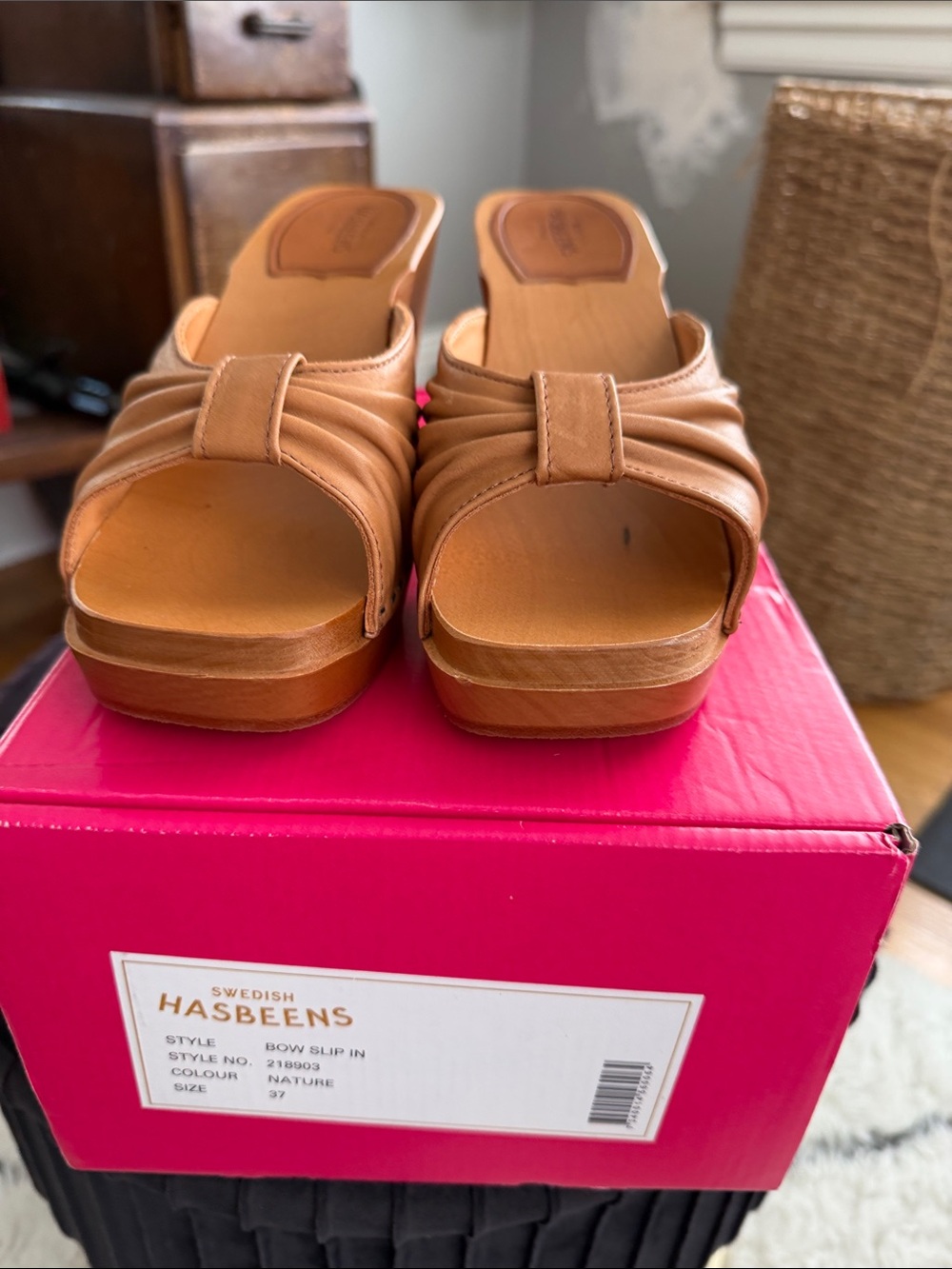Swedish Hasbeens Nature Tan Leather Platform Mules